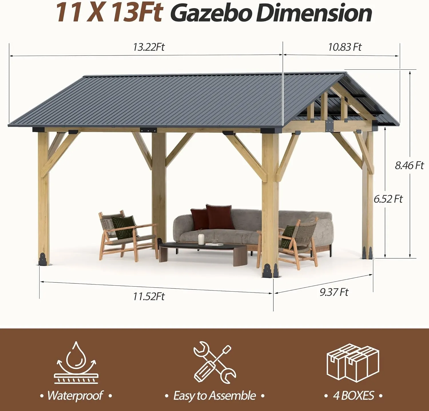 11' X 13' Wood Gazebo, Outdoor Hardtop Gazebo with Galvanized Steel Roof, Cedar Wooden Frame Gazebo for Garden, Patio, Deck