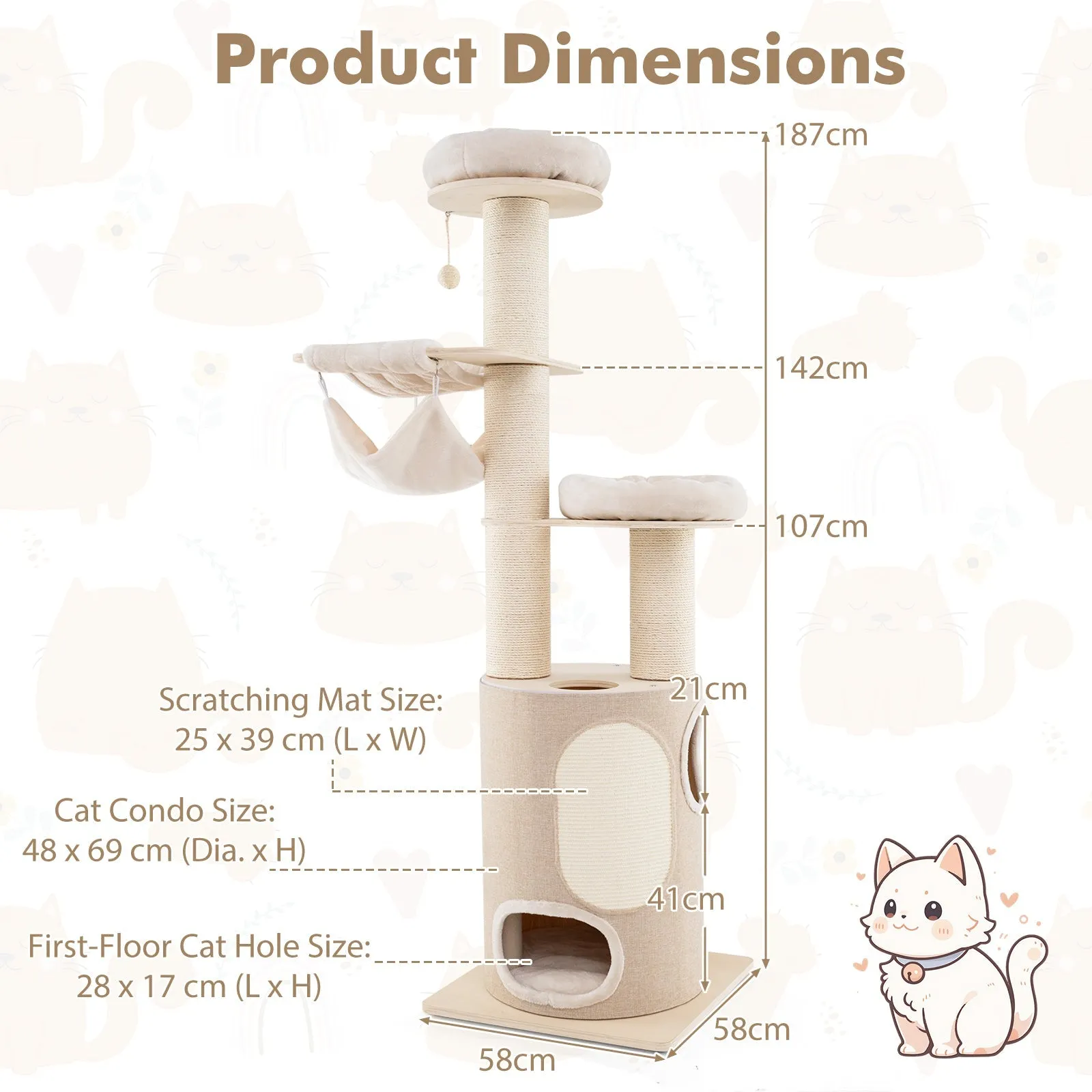 187 cm Tall Wooden Cat Tower Tree with 2-Story Cat Condo-Natural