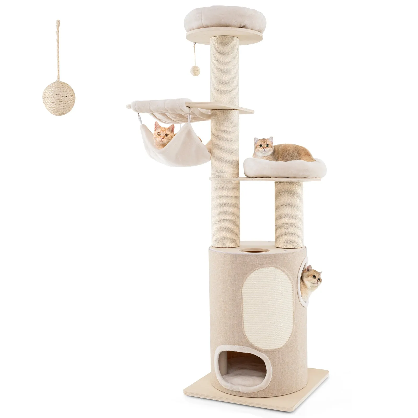 187 cm Tall Wooden Cat Tower Tree with 2-Story Cat Condo-Natural