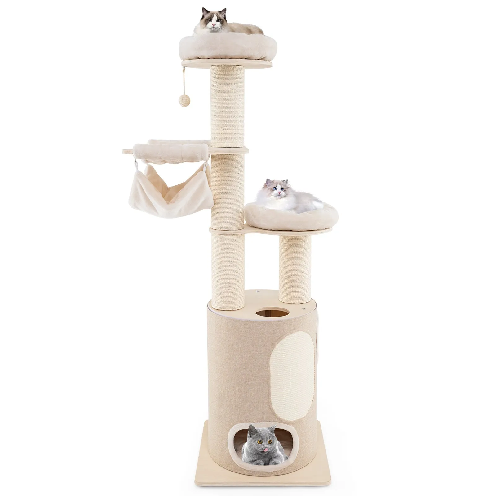 187 cm Tall Wooden Cat Tower Tree with 2-Story Cat Condo-Natural