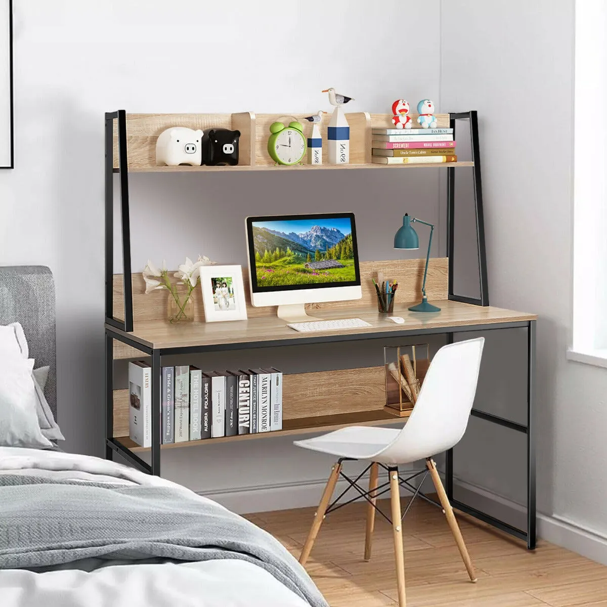 2 in 1 Computer Desk with Storage Bookshelf for Bedroom-Natural