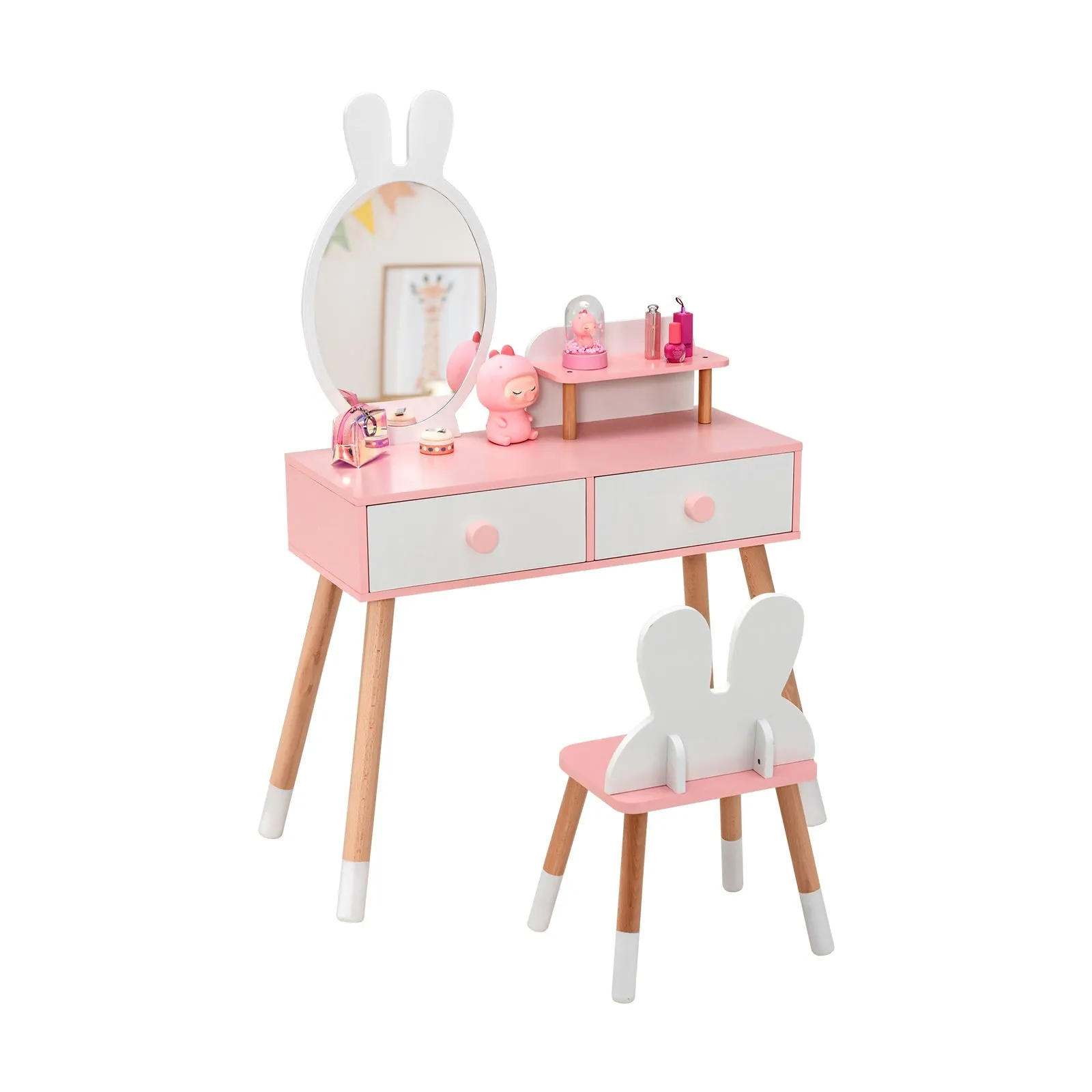 2-in-1 Kids Princess Vanity Table and Chair Set-White