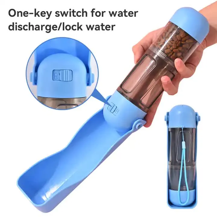 2-in-1 Portable Pet Water and Food Bottle - Leak-Proof Design with Water Lock and Easy Dispenser,300ml Water 200ml food feeder  Blue Colour