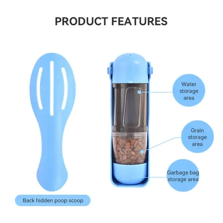 2-in-1 Portable Pet Water and Food Bottle - Leak-Proof Design with Water Lock and Easy Dispenser,300ml Water 200ml food feeder  Blue Colour