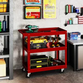 3-Tier Tool Trolley with Handle and Lockable Wheels-Red