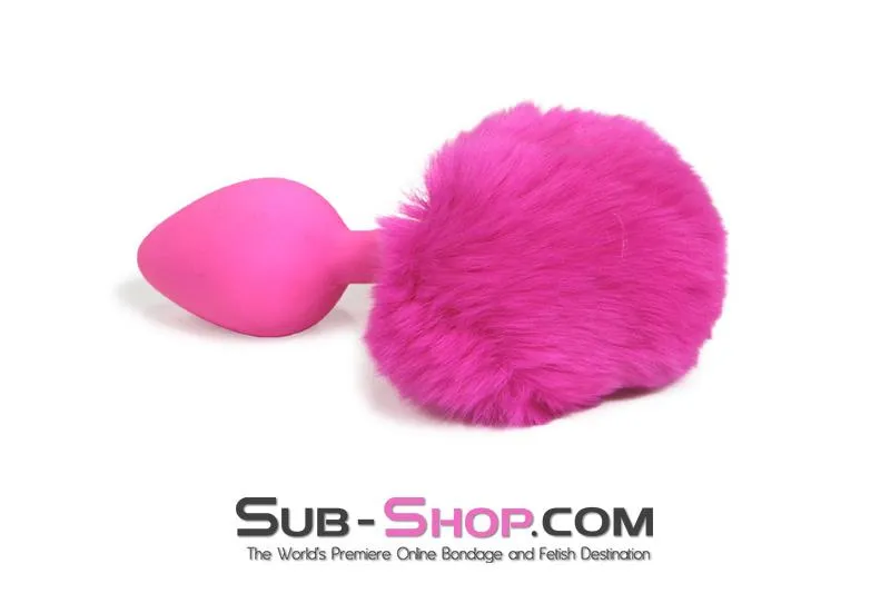 3737M-SIS      Somebunny Loves You Pink Sissy Powder Puff Bunny Tail, Medium Pink Silicone Plug