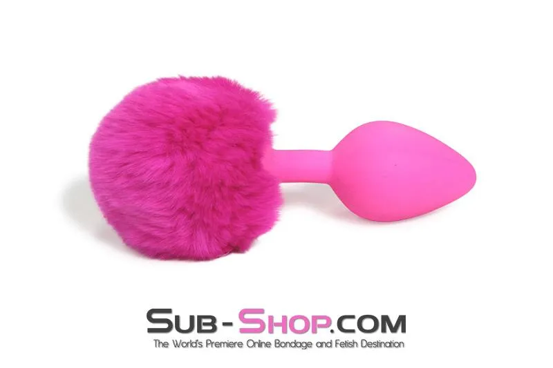 3737M-SIS      Somebunny Loves You Pink Sissy Powder Puff Bunny Tail, Medium Pink Silicone Plug