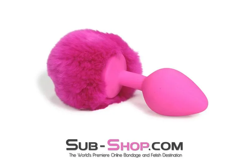 3737M-SIS      Somebunny Loves You Pink Sissy Powder Puff Bunny Tail, Medium Pink Silicone Plug