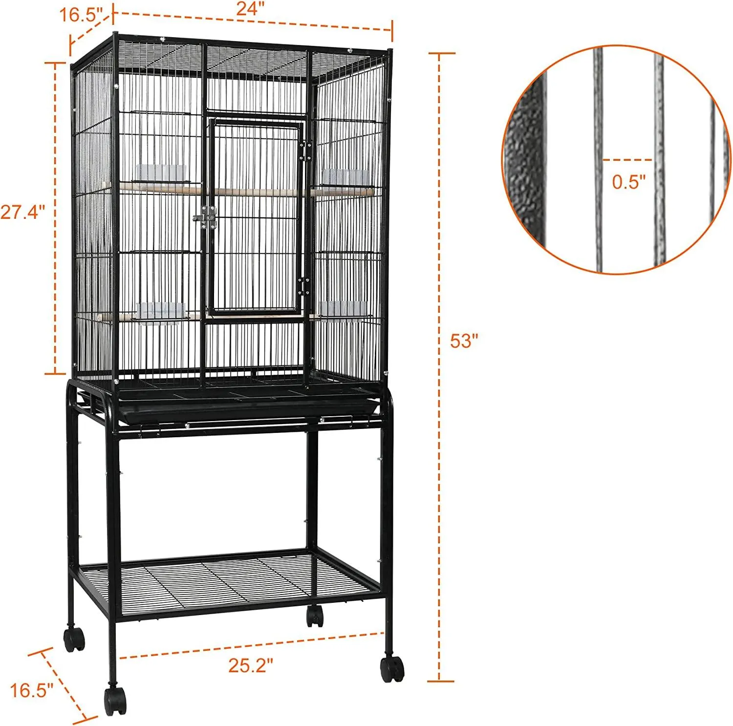 53 Inch Bird Cage with Rolling Stand & Storage Shelf, Large Iron Parrot Cage for Cockatiel, Conure, Lovebird, Parakeets