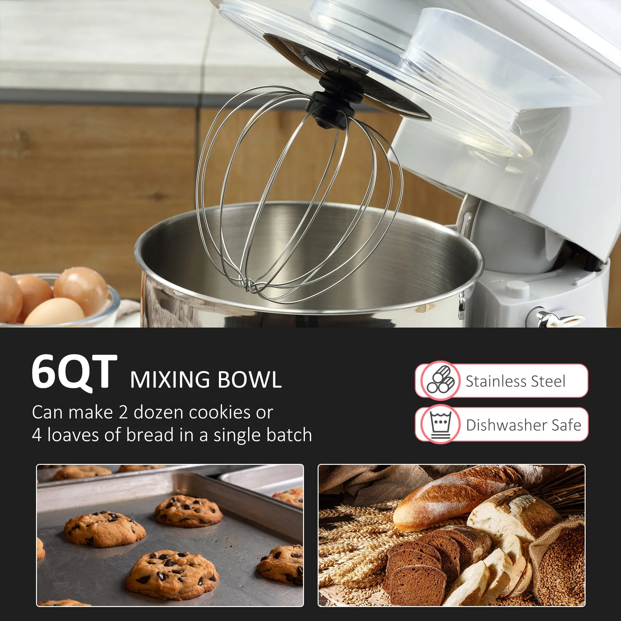 600W Stand Mixer with 6 Qt Bowl, 6 1 Speed, Dough Hook & Beater