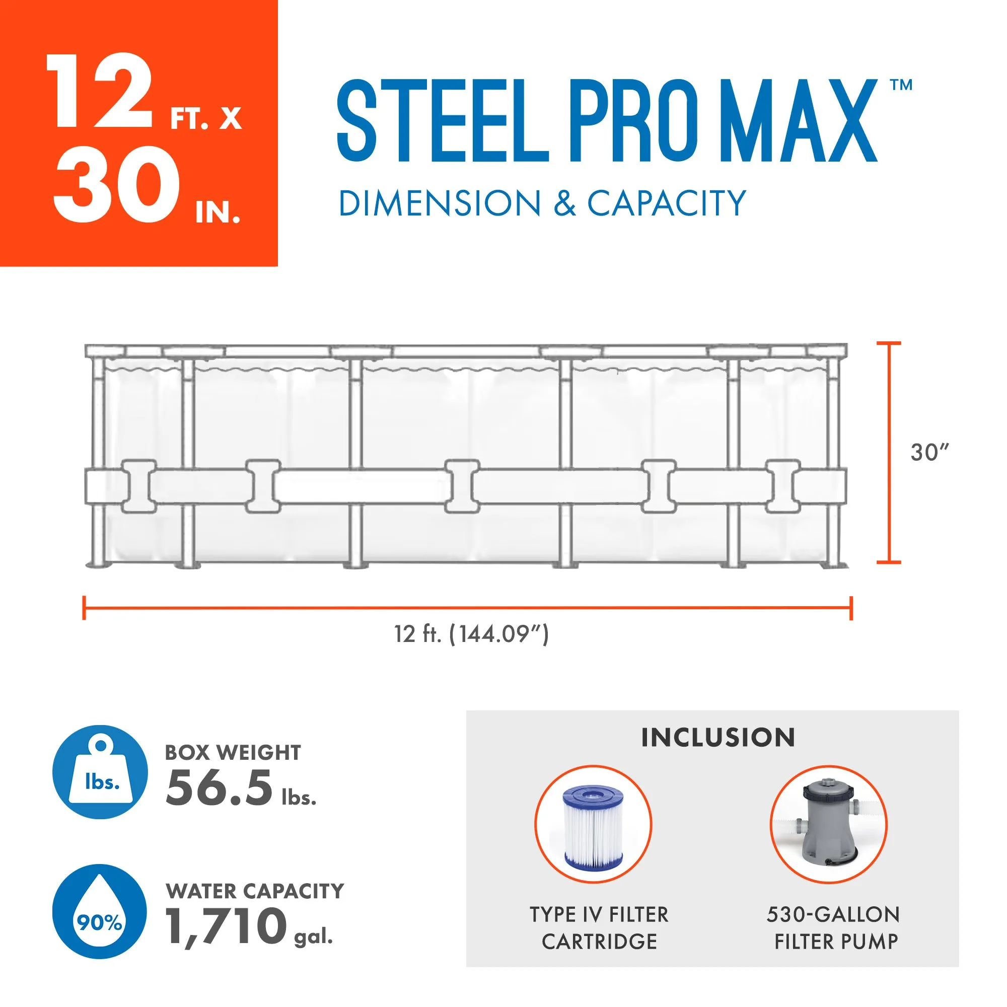 Bestway Steel Pro MAX 12' by 30" Above Ground Swimming Pool Set, Gray (Used)