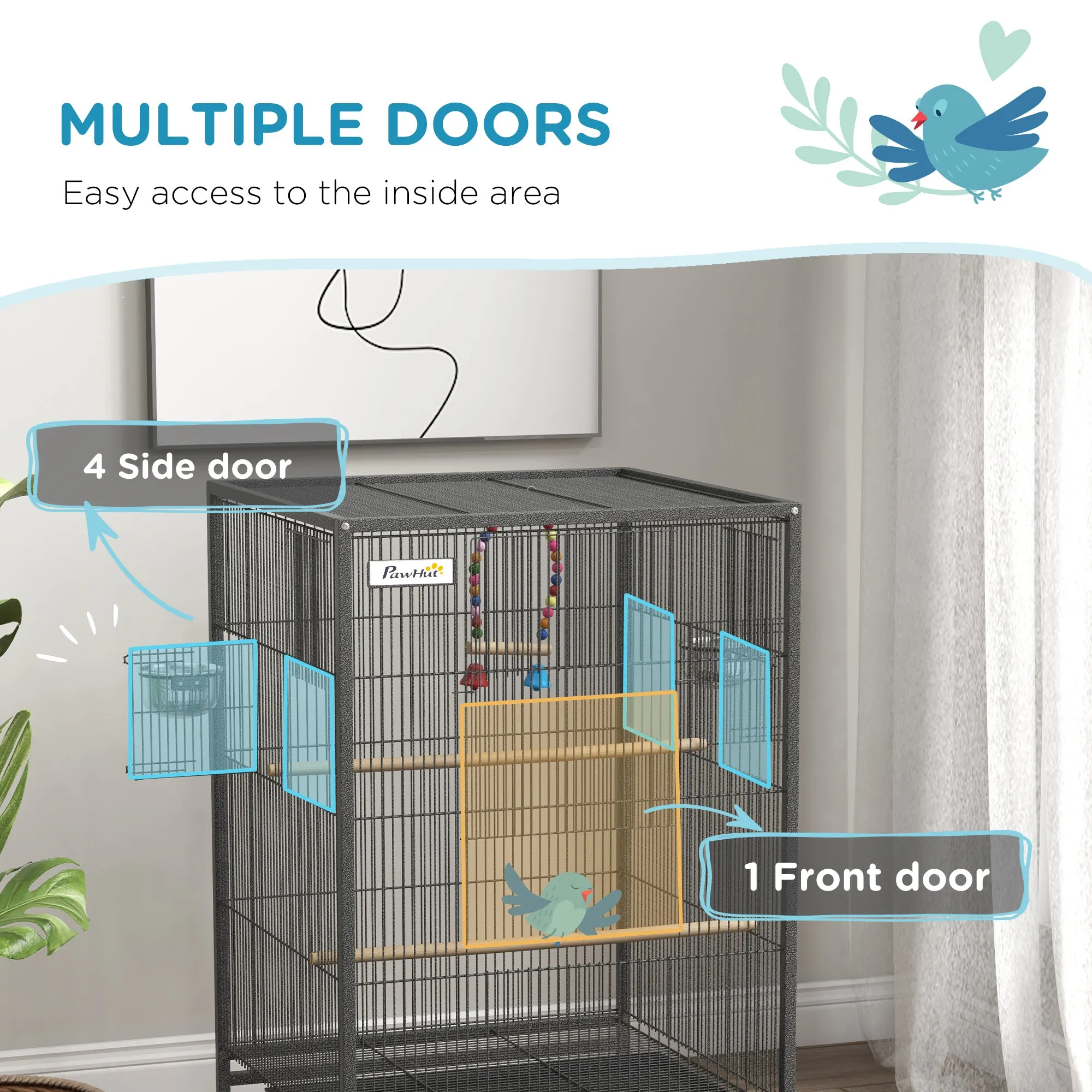 Bird Cage, Budgie Cage, with Rolling Stand, for Small Birds - Grey