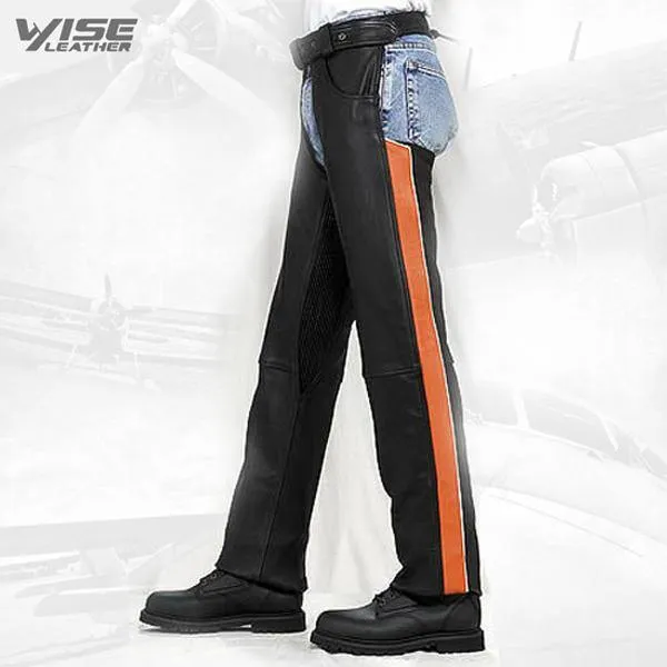 Black Orange Stripe Women's Premium Cowhide Motorcycle Chaps