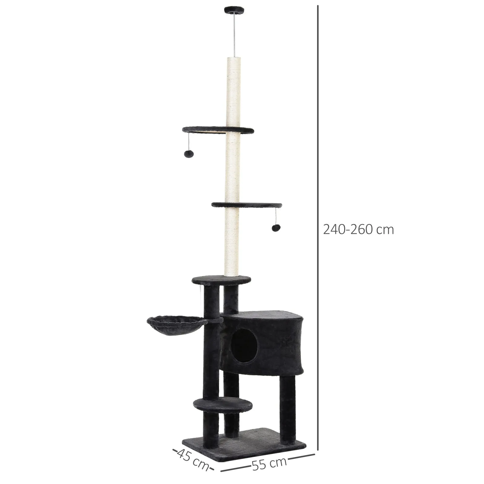 Floor to Ceiling Cat Tree for Indoor Cats Play Tower Climbing Activity Center Scratching Post Platforms Condo Adjustable Height 220-265cm Grey