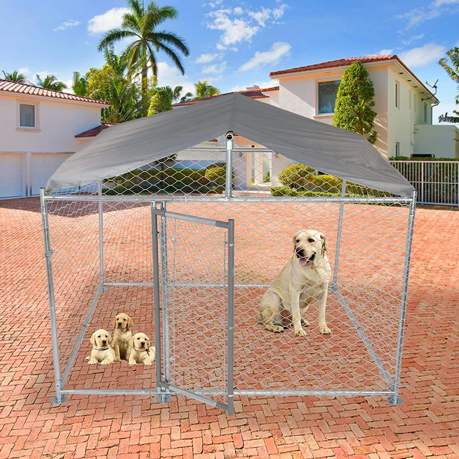 Outdoor Dog Kennel Galvanized Mesh Steel Dog Chain Link Fence Playpen with Cover 6.5x6.5x5ft