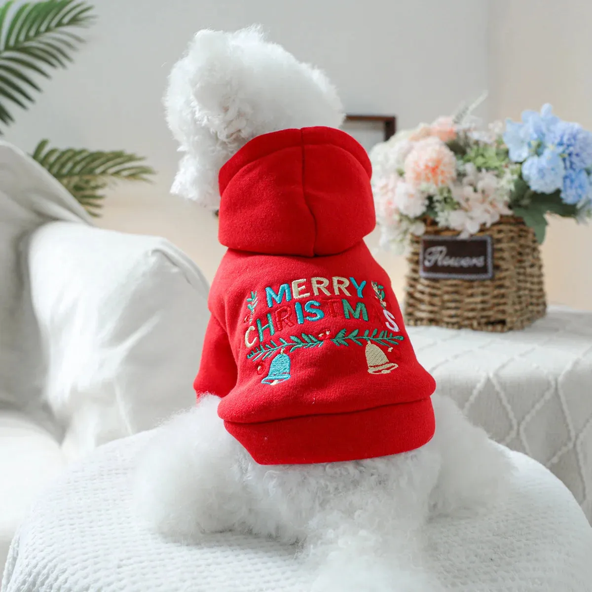 Pet Clothing Christmas Bell Hooded Hoodie Red Spring and Autumn Hoodie Coat Suitable for Small and Medium sized Dogs 1PC